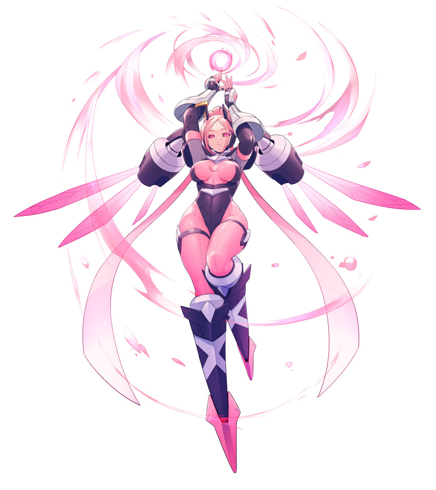 azure_striker_gunvolt, azure_striker_gunvolt_3, black_sclera, bodysuit, colored_sclera, full_body, highres, long_hair, official_art, pink_bodysuit, pink_eyes, pink_hair, pink_wings, simple_background, sistina_(gunvolt), white_background, wings