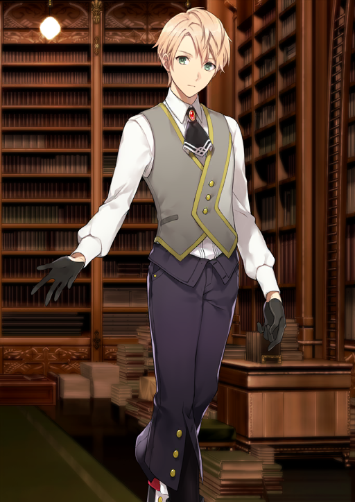 1boy, arm_at_side, ascot, black_ascot, black_gloves, black_pants, blonde_hair, brown_background