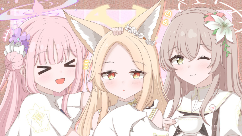 >_<, +++, 3girls, :d, :o, ;), animal_ears, black_neckerchief, blonde_hair, blue_archive, blunt_bangs, blush, braid, bright_pupils, brown_eyes, brown_hair, capelet, closed_mouth, commentary_request, crown_braid, cup, flower, forehead, fox_ears, fox_girl, hair_between_eyes, hair_bun, hair_flower, hair_ornament, halo, happy, headpat, highres, holding, holding_cup, long_hair, looking_at_viewer, mika_(blue_archive), mochiusa_cocoa, multicolored_eyes, multiple_girls, nagisa_(blue_archive), neckerchief, one_eye_closed, open_mouth, orange_eyes, parted_bangs, pink_flower, pink_hair, pink_halo, portrait, purple_flower, sailor_collar, school_uniform, seia_(blue_archive), serafuku, simple_background, single_side_bun, smile, tea_party_(blue_archive), teacup, two-tone_eyes, white_capelet, white_flower, white_pupils, white_sailor_collar, yellow_eyes, yellow_halo