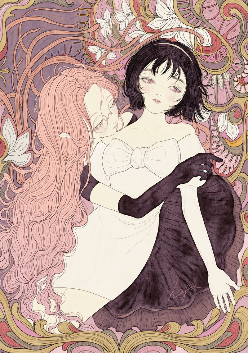 2girls, alien_stage, black_dress, black_gloves, black_hair, bow, closed_eyes, collarbone