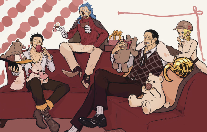 1girl, 3boys, blonde_hair, boots, buggy_the_clown, candy, chocolate, commentary_request, crocodile_(one_piece), crossed_legs, cup, disembodied_hand, dracule_mihawk, earrings, eating, f4ylu, facial_hair, food, food-themed_earrings, full_body, hat, high_heels, highres, holding, holding_cup, holding_hat, holding_unworn_clothes, jewelry, lemon_earrings, lollipop, makeup, miss_valentine, multiple_boys, mustache, one_piece, shirt, smile, socks, stitched_face, stitches, striped_clothes, stuffed_animal, stuffed_toy, teddy_bear, unworn_hat, unworn_headwear, vertical-striped_clothes, vest, white_shirt