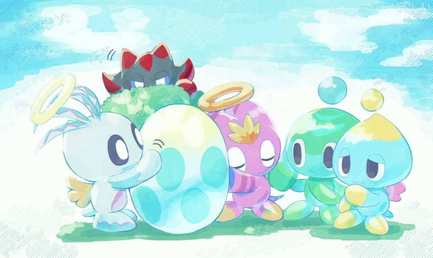 5others, blue_sky, chao_(sonic), chao_chao_lover, chao_tales, closed_eyes, commentary_request, creature