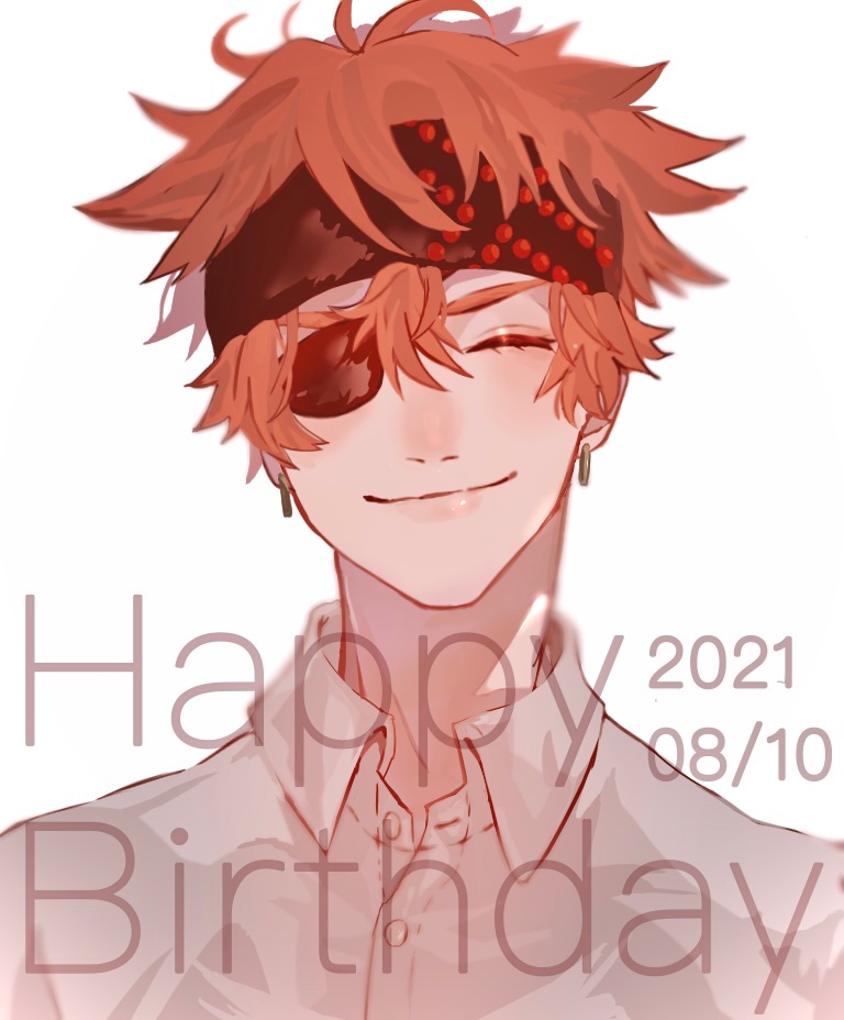 1boy, brown_headband, closed_eyes, collared_shirt, d.gray-man, earrings, english_text, eyepatch
