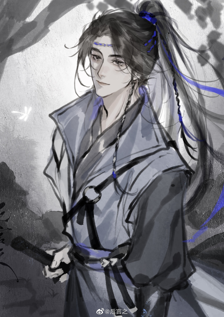 1boy, absurdres, black_hair, blue_hanfu, blue_headband, blue_ribbon, blue_sash, braid