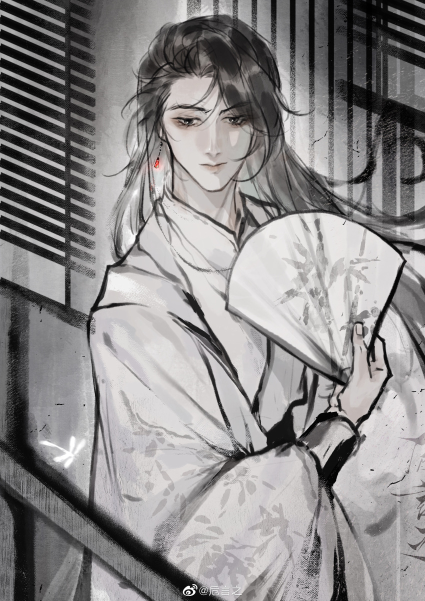 1boy, absurdres, black_eyes, black_hair, chinese_clothes, chinese_commentary, closed_mouth, earrings
