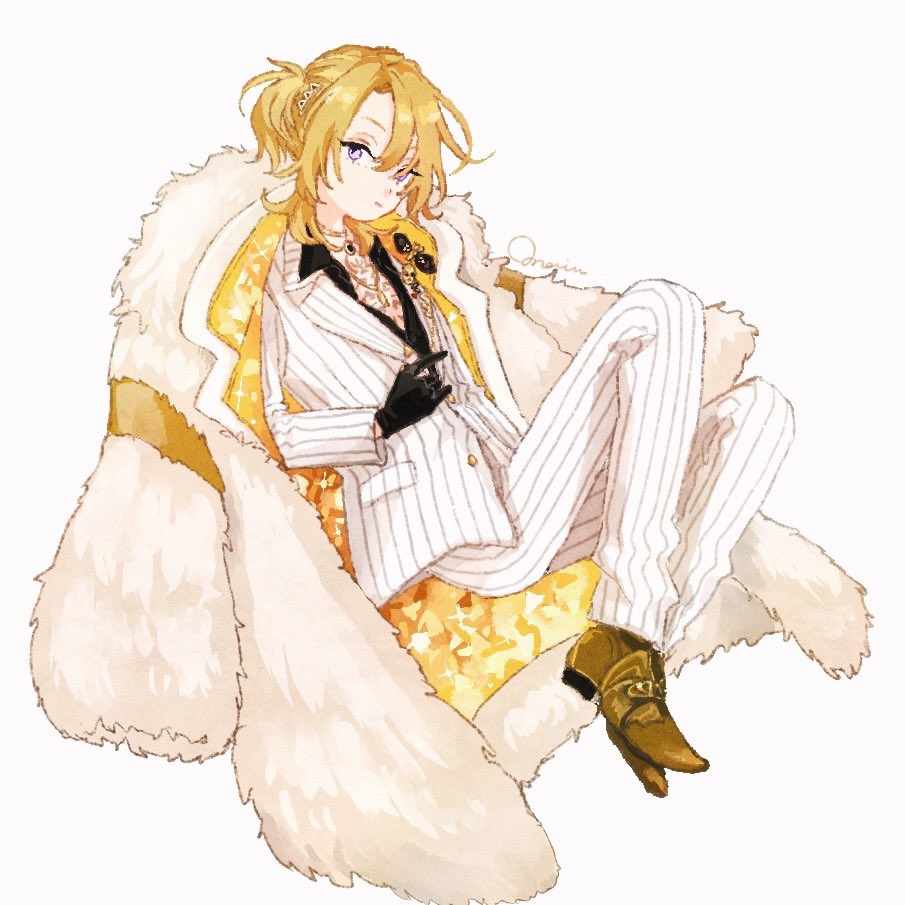 1boy, black_gloves, black_shirt, blonde_hair, blue_eyes, brown_shoes, closed_mouth, coat