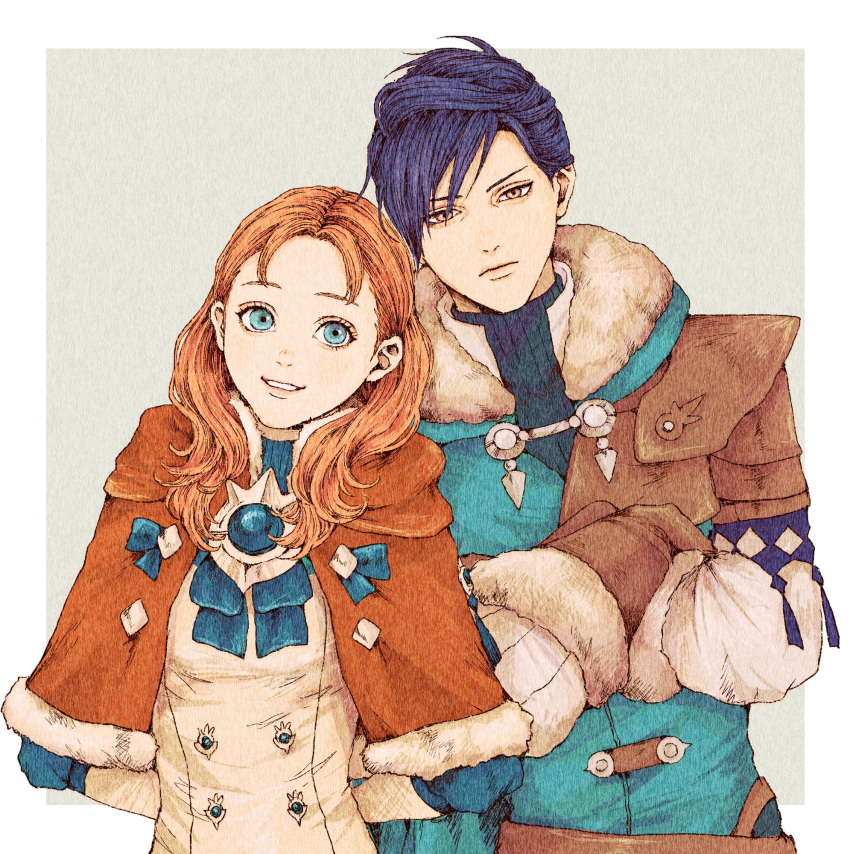1boy, 1girl, annette_fantine_dominic, annette_fantine_dominic_(timeskip), black_hair, blue_eyes, border, brown_eyes