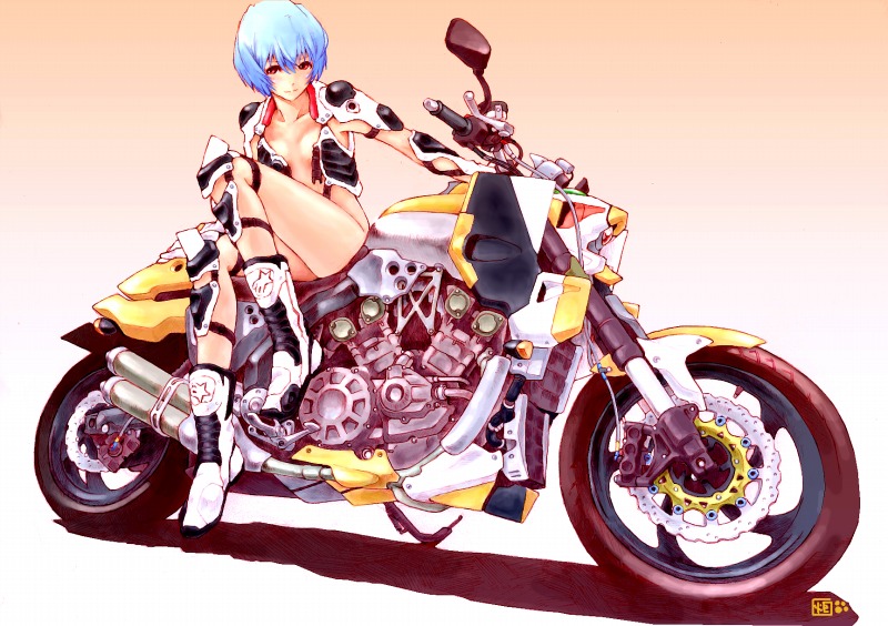 ayanami_rei, blue_hair, boots, elbow_pads, eva_00, gradient, gradient_background, knee_pads