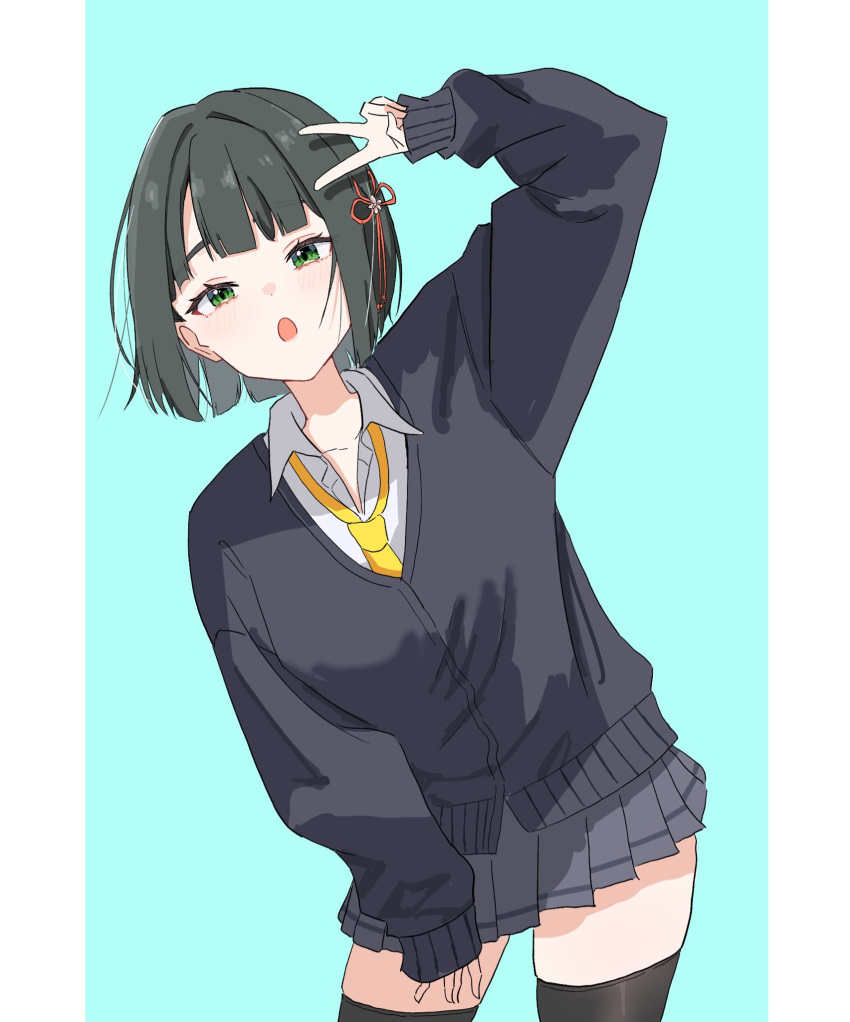 1girl, :o, alternate_costume, black_cardigan, black_hair, black_skirt, black_thighhighs, blue_background