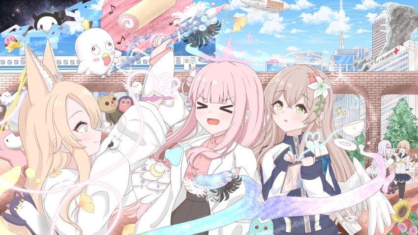 >_<, 5girls, :d, absurdres, alternate_costume, animal_ear_fluff, animal_ears, azusa_(blue_archive)
