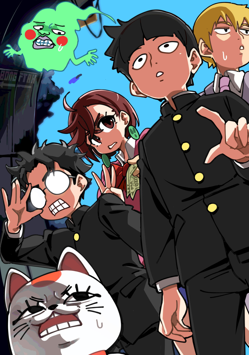 1girl, 3boys, absurdres, ayase_momo, black_pants, blonde_hair, bongfill, brown_eyes