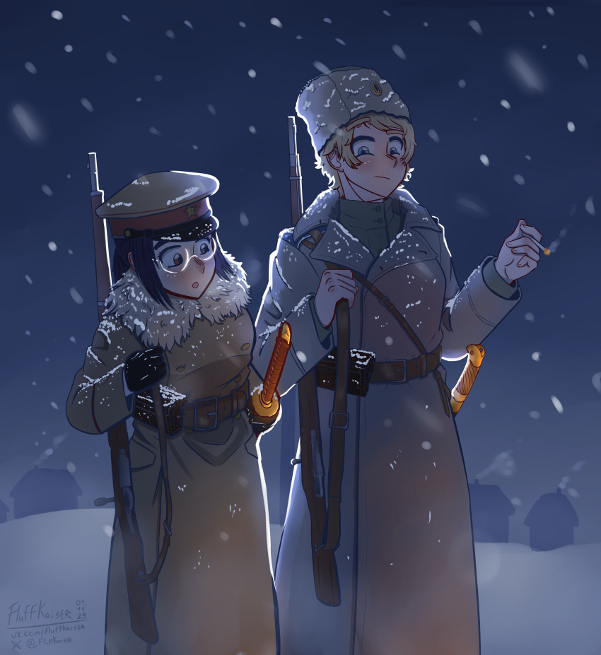 2girls, :o, absurdres, ammunition_pouch, arisaka, artist_name, asano_brigade, belt