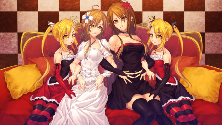 aka_(shoumae), bad_id, bare_shoulders, black_legwear, blonde_hair, bridal_gauntlets, brown_eyes, choker