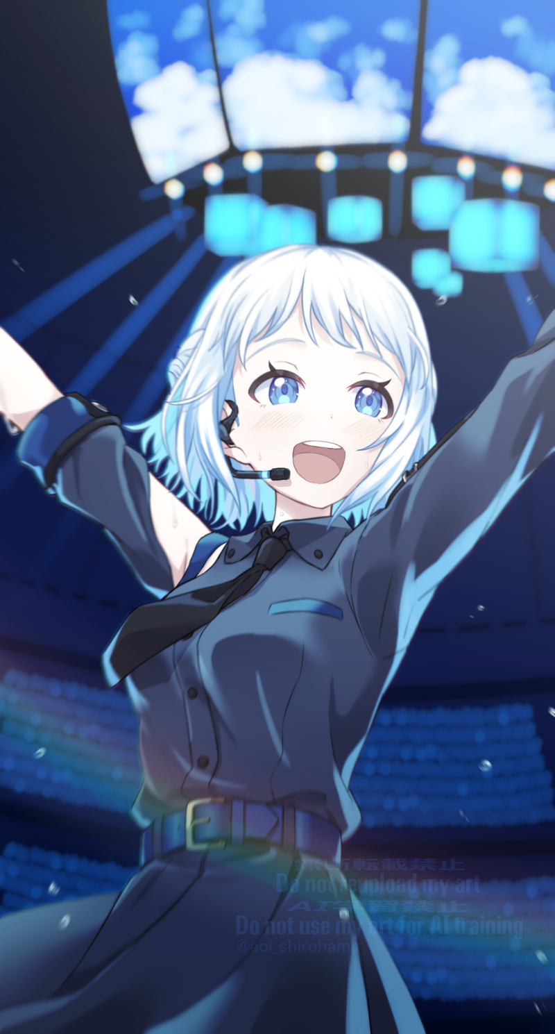 1girl, arms_up, asymmetrical_sleeves, belt, black_dress, black_necktie, blue_eyes, blurry