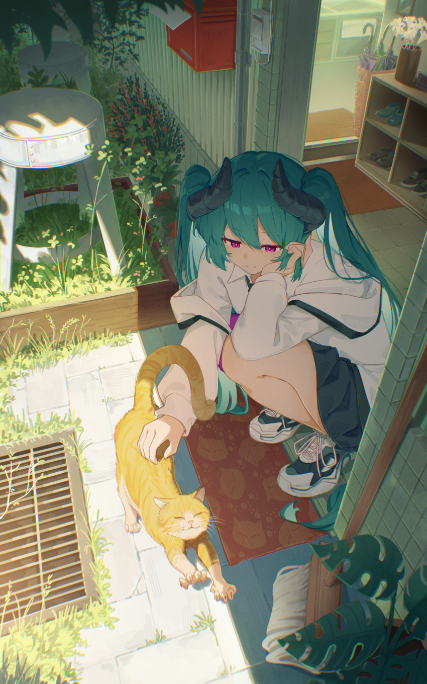 1girl, absurdres, animal, aqua_hair, black_horns, black_skirt, borrowed_character, bright_pupils, broom, cat, chromatic_aberration, closed_mouth, collared_shirt, commission, day, doorway, double-parted_bangs, elbow_on_knee, foliage, from_above, grate, half-closed_eyes, hand_in_own_hair, hand_on_animal, hand_on_own_cheek, hand_on_own_face, hand_up, highres, horns, jacket, jacket_partially_removed, jl_tan, light_smile, long_hair, long_sleeves, looking_at_animal, mat, morello_(morellostorment), off_shoulder, original, outdoors, pink_eyes, pleated_skirt, second-party_source, shirt, shoes, skirt, sneakers, solo, squatting, stool, stretching, sunlight, very_long_hair, white_jacket, white_pupils, white_shirt, wing_collar, yellow_cat