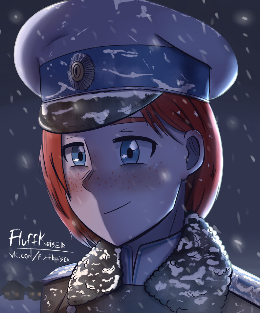 1girl, absurdres, alekseevskiy_regiment, artist_name, blue_eyes, buttons, chimney, coat