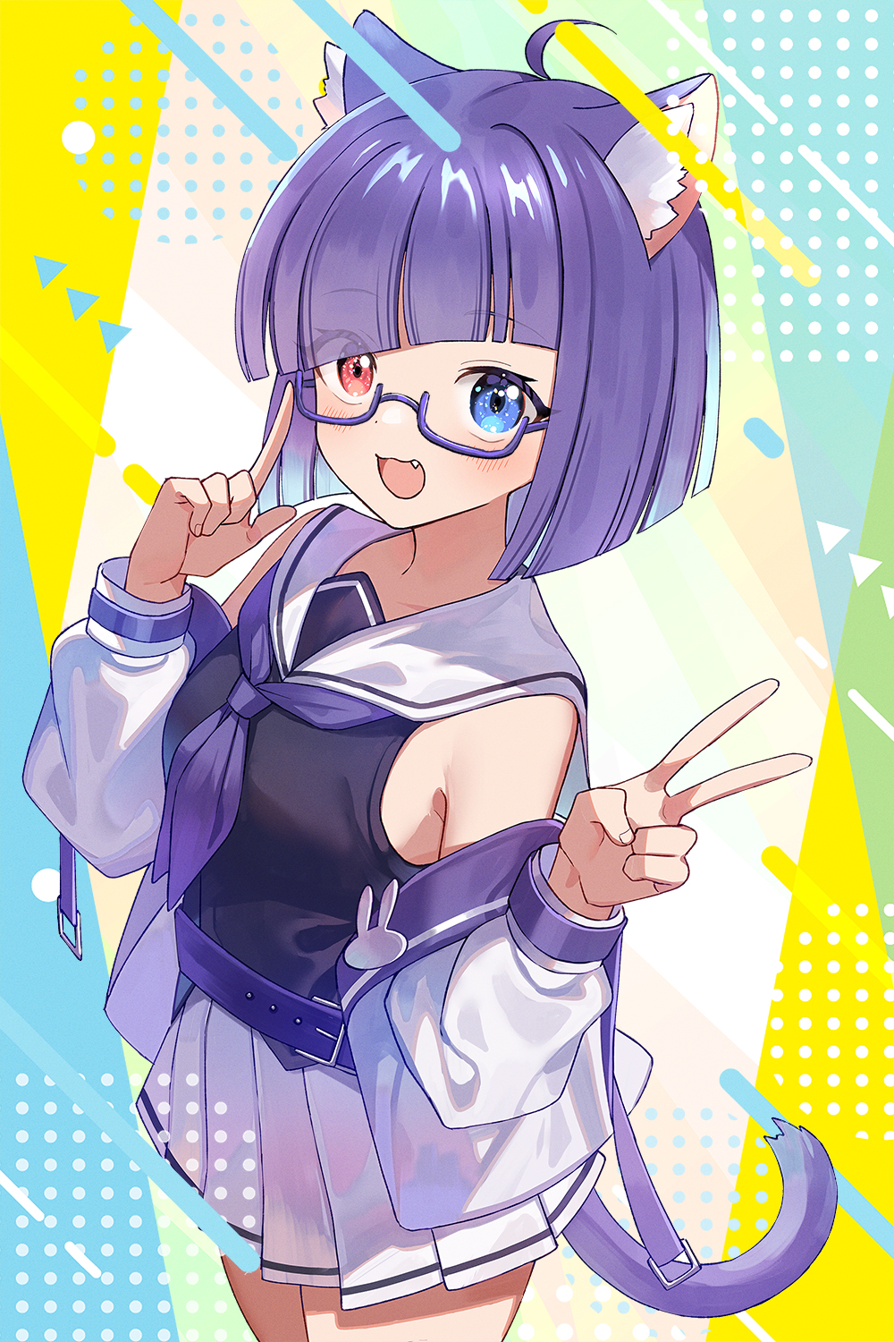 1girl, :3, adjusting_eyewear, ahoge, animal_ears, aqua_background, belt, black_tank_top