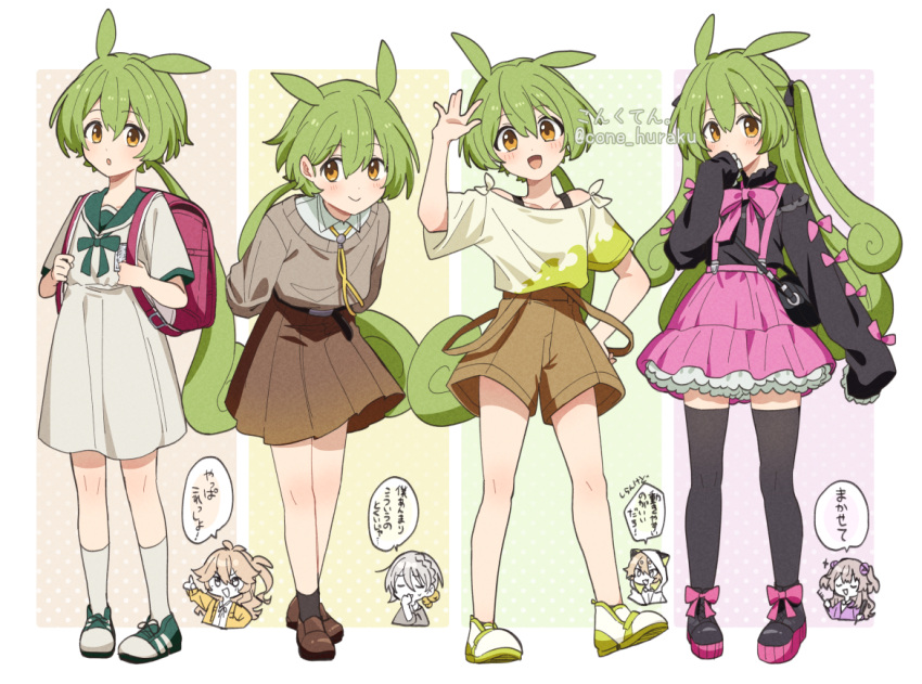 2boys, 3girls, :o, \||/, animal_hood, arms_behind_back, backpack, bag