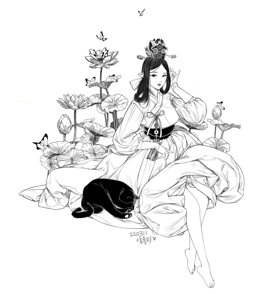 1girl, barefoot, black_cat, cat, flower, full_body, greyscale, hair_rings