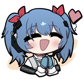 1girl, :d, blue_gloves, blue_hair, blush, chibi, chinese_commentary, closed_eyes