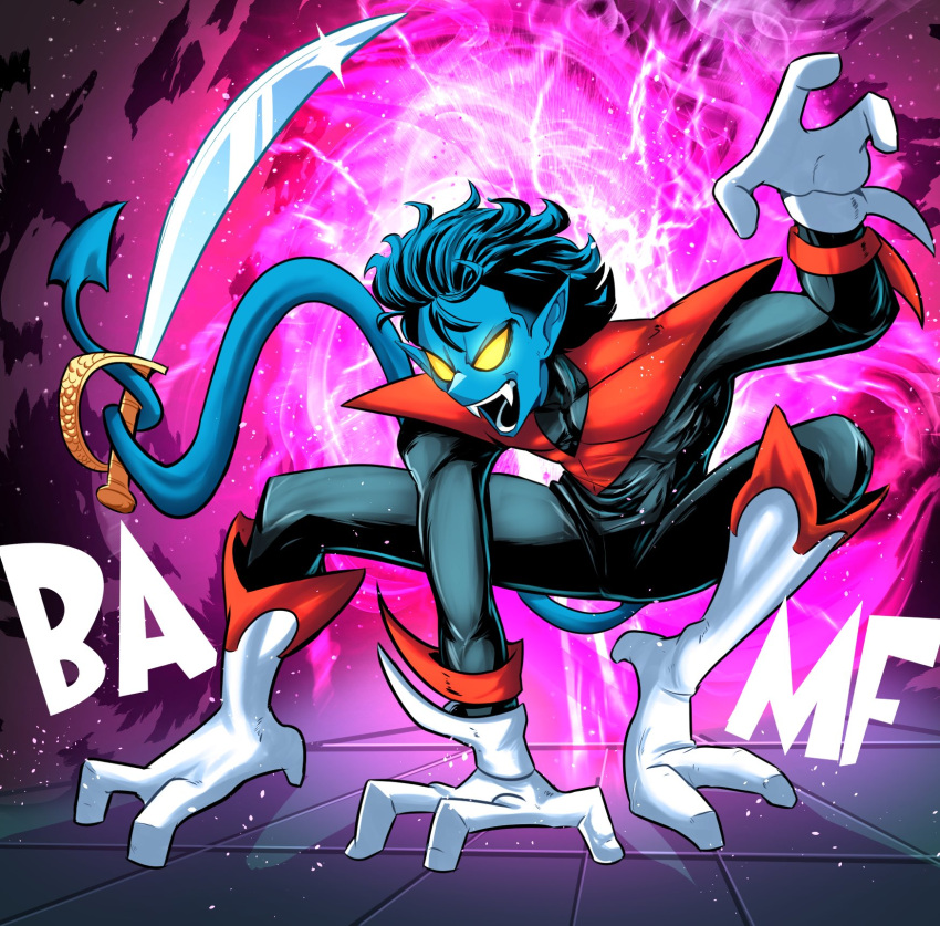1boy, blue_hair, blue_skin, boots, colored_skin, cutlass, fangs, fewer_digits