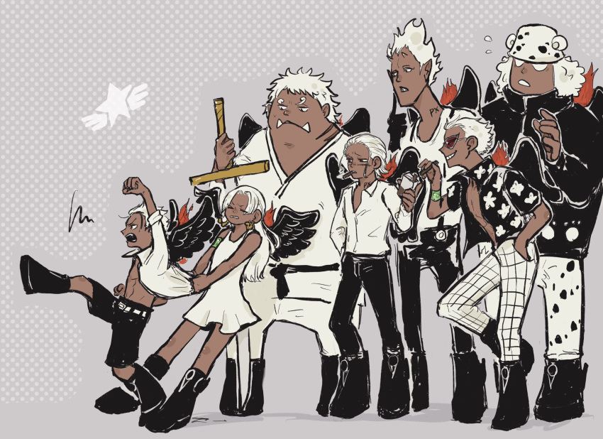 1girl, 6+boys, arm_up, boots, dark-skinned_female, dark-skinned_male, dark_skin, dress