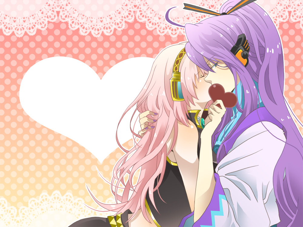 1girl, ahoge, bare_shoulders, couple, headphones, heart, kamui_gakupo, kiss, long_hair, megurine_luka, pink_hair, purple_hair, vocaloid, yucco_kxoxc