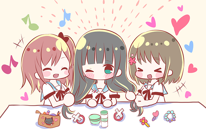 3girls, brown_hair, cat, flower, green_eyes, hair_ornament, happy, heart