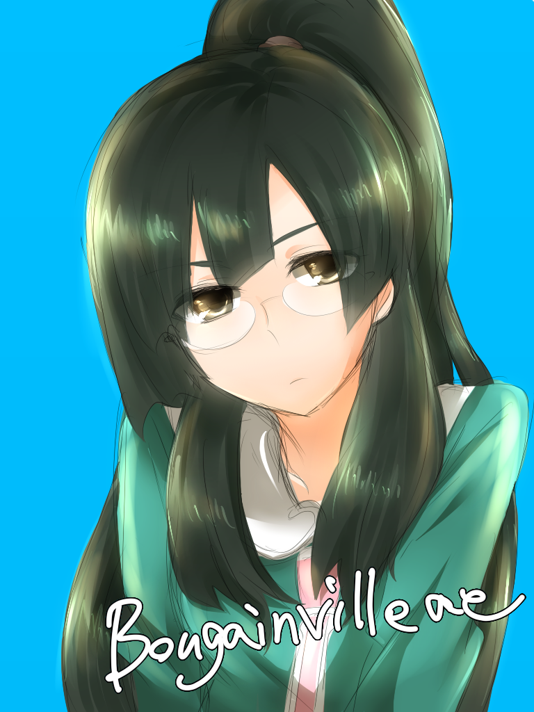 coalow, glasses, green_hair, long_hair, nichi_keito, ponytail, school_uniform, solo