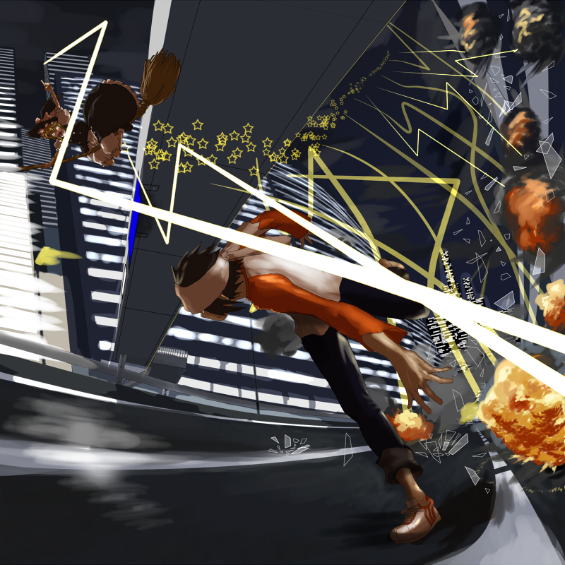 1boy, 1girl, apron, asakura_teppei, black_hair, blonde_hair, bloomers, bow