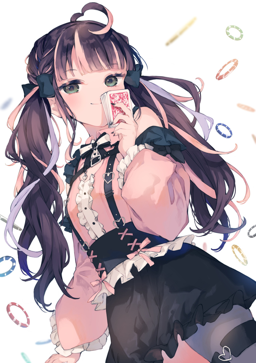 1girl, absurdres, ahoge, arm_at_side, bare_shoulders, black_bow, black_hair, black_nails