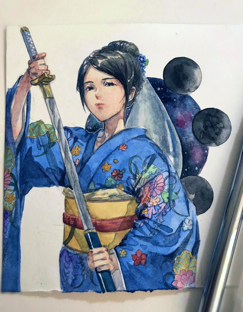 1girl, absurdres, art_tools_in_frame, black_eyes, black_hair, blue_flower, blue_kimono, chongmingggg, closed_mouth, collarbone, cowboy_shot, expressionless, eyelashes, floral_print, flower, hair_bun, hair_flower, hair_ornament, highres, holding, holding_sword, holding_weapon, japanese_clothes, katana, kimono, lipstick, long_sleeves, makeup, obi, photo_(medium), pink_lips, remembrance_of_earth's_past, sash, sheath, short_hair, single_hair_bun, sleeves_past_wrists, solo, sophon, standing, sword, traditional_media, unsheathing, updo, veil, weapon, white_veil, wide_sleeves, yellow_sash