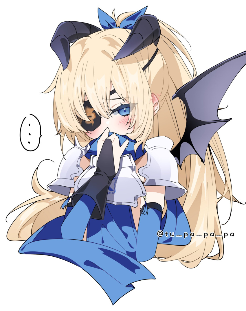 1girl, alternate_costume, armor, armpits, black_gloves, blonde_hair, blue_dress, blue_eyes, blush, boobplate, bow, breasts, dress, fingerless_gloves, gloves, goddess_of_victory:_nikke, guillotine_(nikke), guillotine_(winter_slayer)_(nikke), hair_bow, highres, horns, looking_at_viewer, official_alternate_costume, small_breasts, smile, smirk, solo, tu_pa_pa_pa, wings