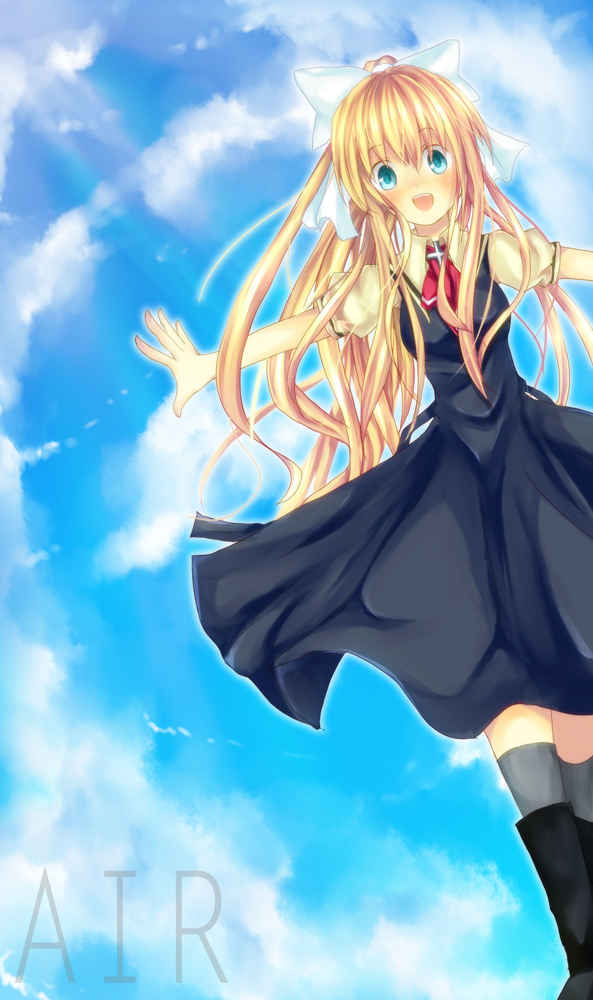 air, blonde_hair, blue_eyes, kamio_misuzu, long_hair, nakamura_nano, outstretched_arms, ponytail