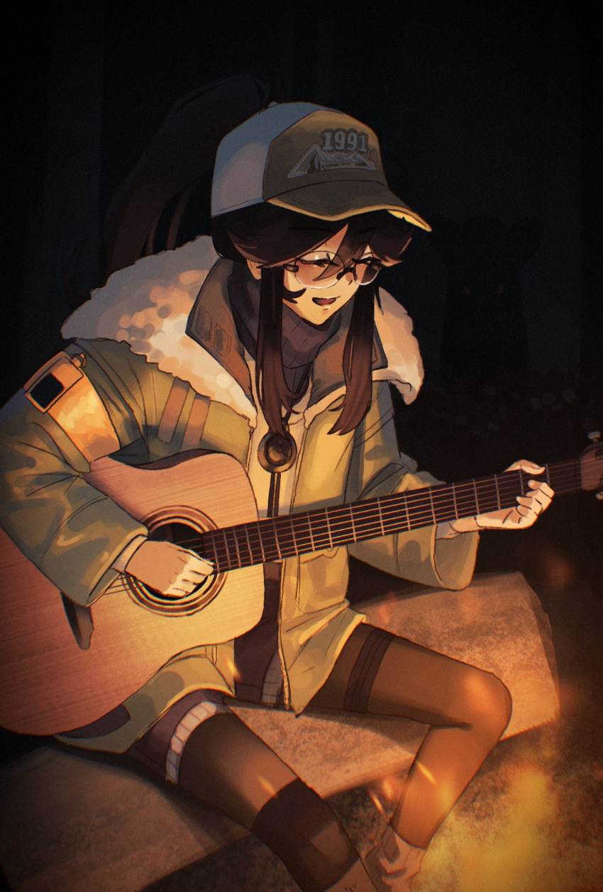 1girl, baseball_cap, black_pantyhose, brown_hair, campfire, closed_eyes, english_commentary, fur-trimmed_jacket