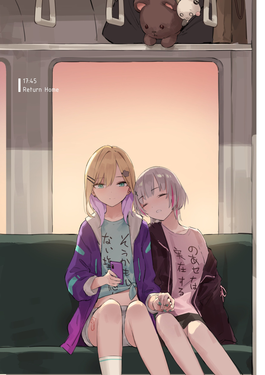 2girls, absurdres, alternate_costume, asumi_sena, black_jacket, blonde_hair, blue_shirt, closed_eyes