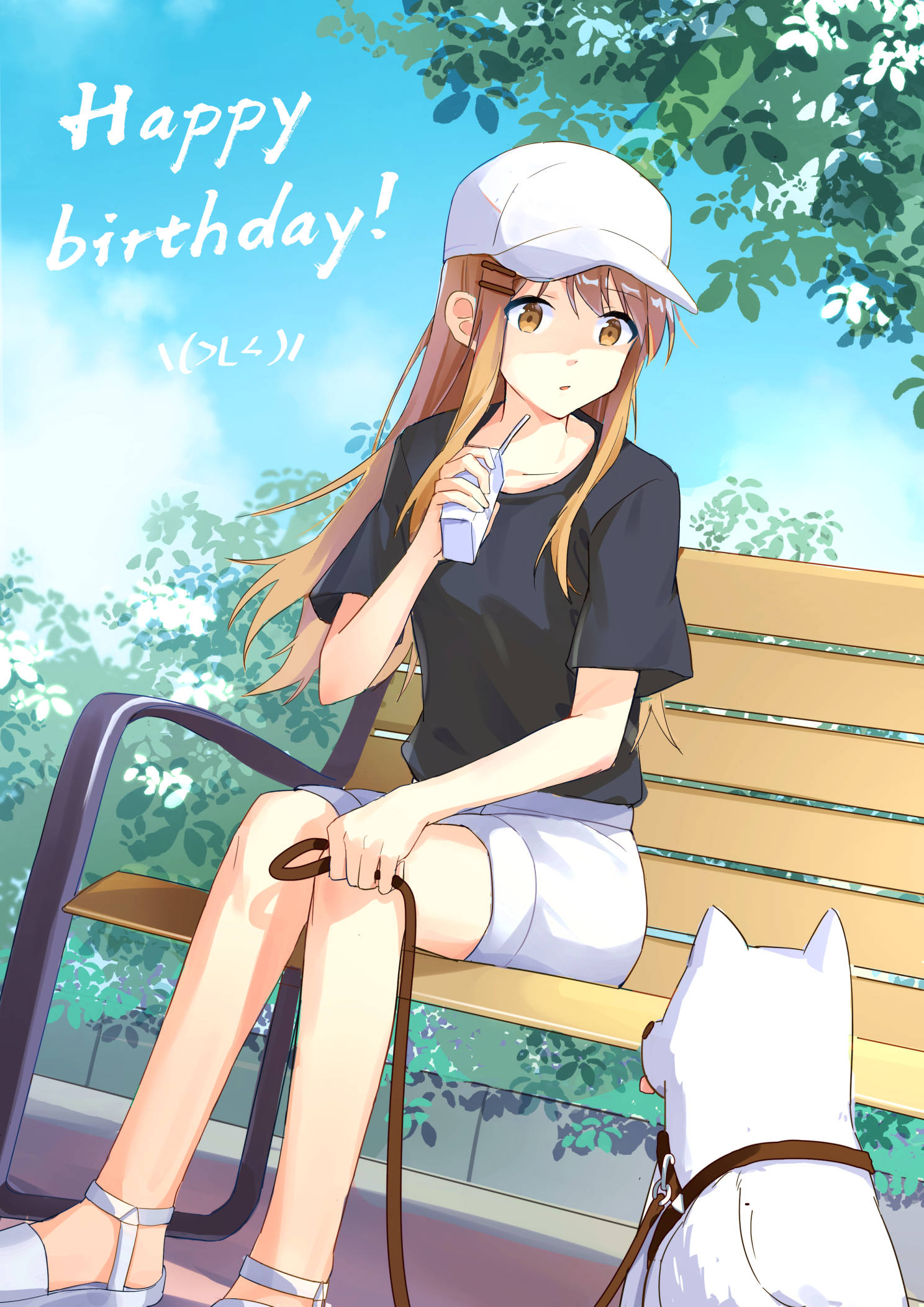 1girl, adachi_to_shimamura, baseball_cap, bench, black_shirt, blue_sky, brown_eyes, brown_hair
