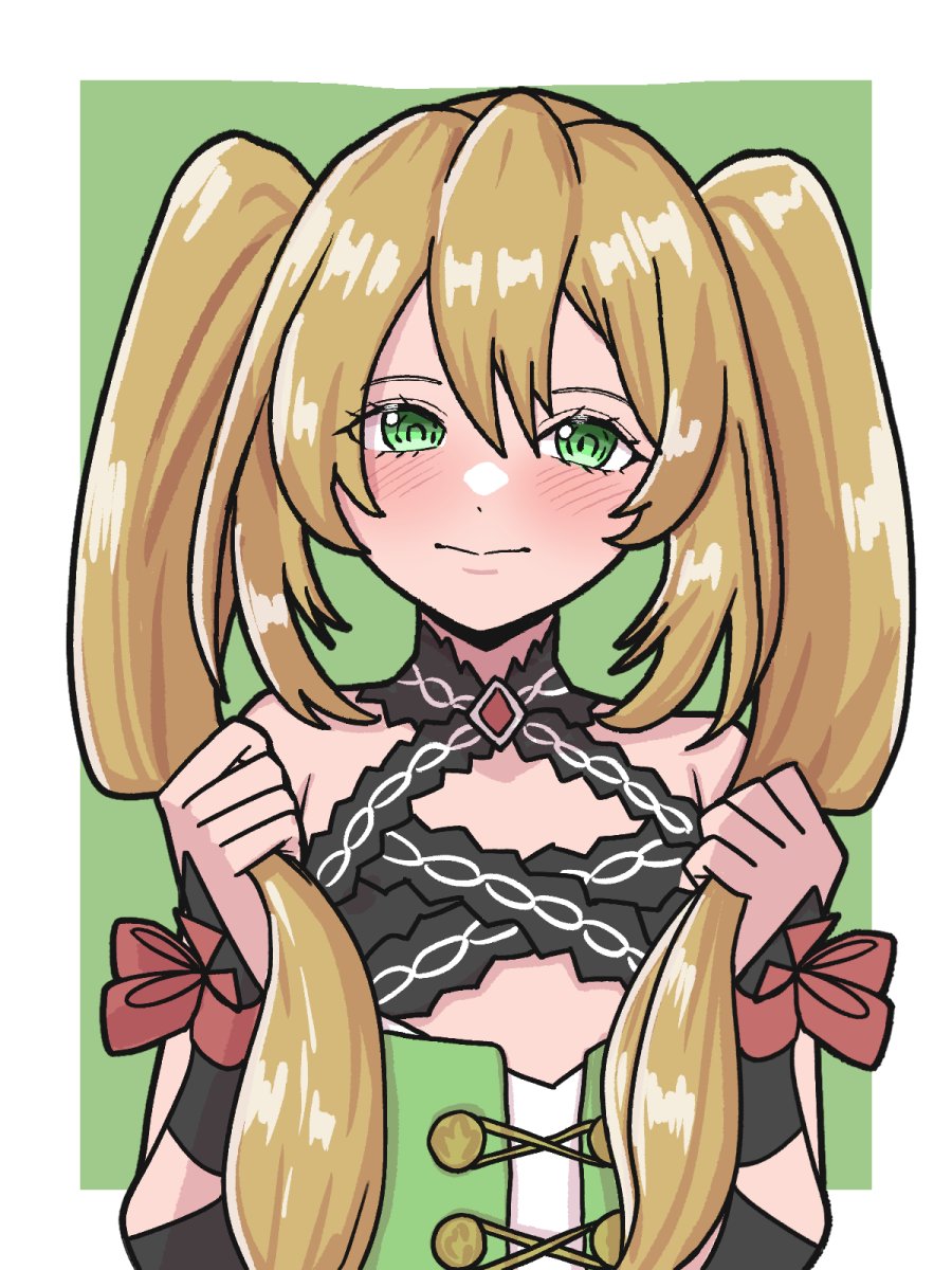 1girl, alternate_hairstyle, bare_shoulders, blonde_hair, blush, border, celine_(fire_emblem), closed_mouth