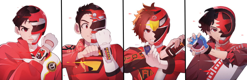 4boys, absurdres, bakuage_sentai_boonboomger, black_hair, bodysuit, boonboom_changer, brown_hair, bun_red, engine_sentai_go-onger, esumi_sousuke, gekisou_sentai_carranger, gloves, go-on_red, go-phone, hando_taiya, helmet, highres, holding, hono_riki, jacket, jinnai_kyosuke, kousoku_sentai_turboranger, male_focus, multiple_boys, open_mouth, red_bodysuit, red_helmet, red_jacket, red_racer, red_turbo, rouyama_saki, simple_background, smile, super_sentai, tokusatsu, upper_body, white_background, yuer_(user_ecrv4275)