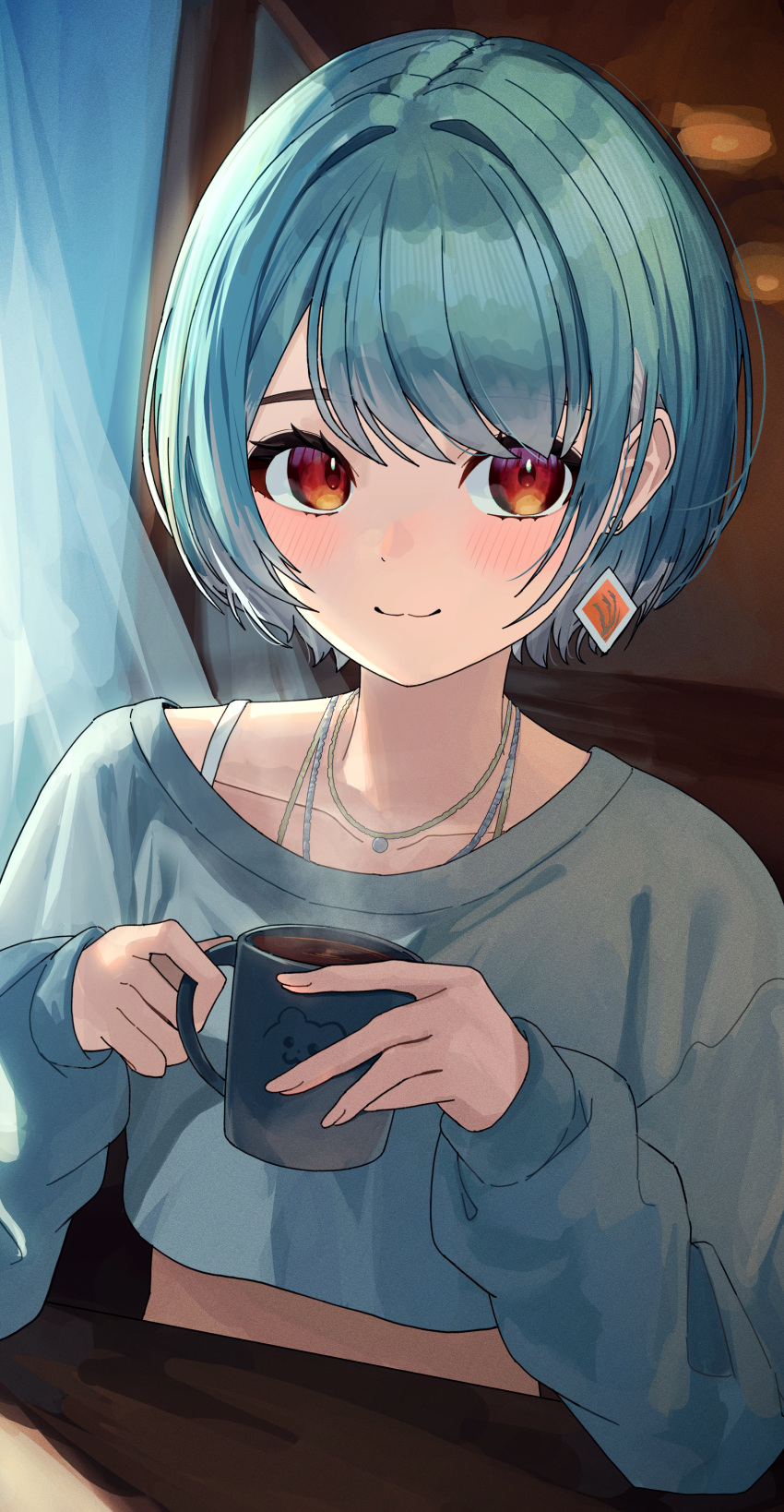 1girl, :3, absurdres, blue_hair, blue_sweater, collarbone, cropped_sweater, cup, earrings, elbow_rest, hair_intakes, highres, holding, holding_cup, jewelry, midriff_peek, mug, multiple_necklaces, parted_bangs, red_eyes, ronununn, shiranami_ramune, shiranami_ramune_(4th_costume), short_hair, single_earring, solo, spaghetti_strap, steam, steaming_cup, sweater, table, virtual_youtuber, vspo!