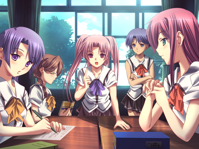 5girls, blue_eyes, blue_hair, brown_hair, closed_eyes, crossed_arms, elbows_on_table, game_cg, hand_on_table, holding, holding_pen, iwatsuki_kohime, kagami_touko, long_hair, looking_at_viewer, m&amp;m_(mickey_and_mackey), mikumo_kazusa, mizutani_tsugumi, multiple_girls, natsukami, open_mouth, own_hands_together, pen, pink_hair, short_hair, sitting, takasato_nanase, twintails