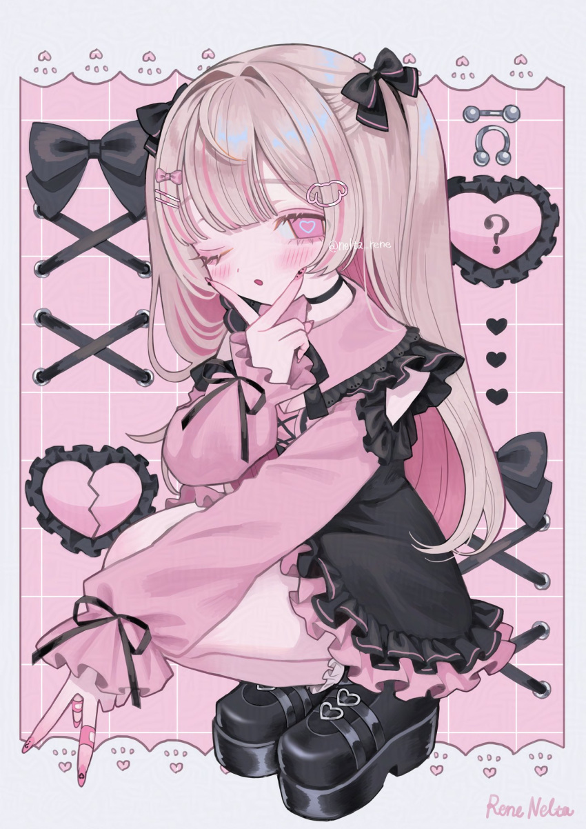 1girl, :o, artist_name, bandaid_on_finger, black_shoes, black_skirt, blunt_bangs, brown_hair