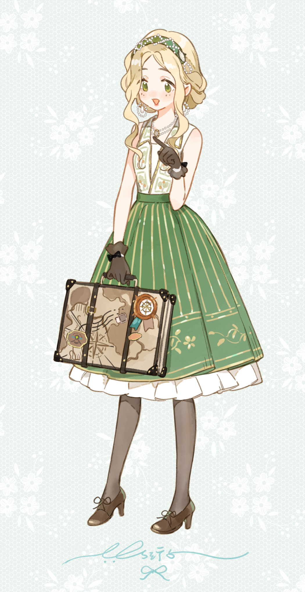 1girl, apuaayu, argyle_clothes, argyle_hairband, bare_shoulders, beads, black_bow, black_gloves