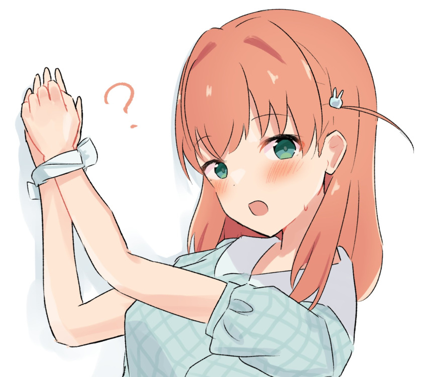 1girl, :d, ?, blue_shirt, blush, bound, bound_wrists, breasts