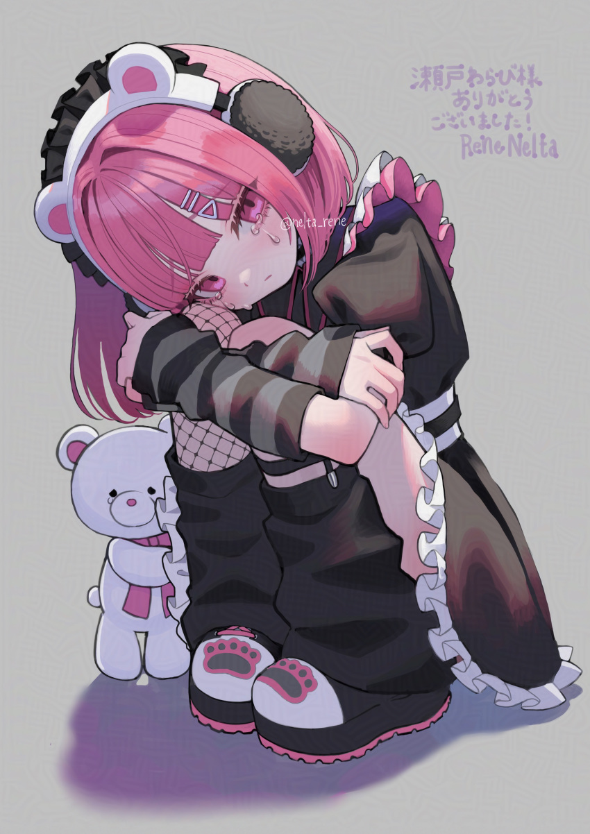 1girl, absurdres, animal_ear_headphones, animal_ears, arm_warmers, black_dress, blunt_bangs, closed_mouth