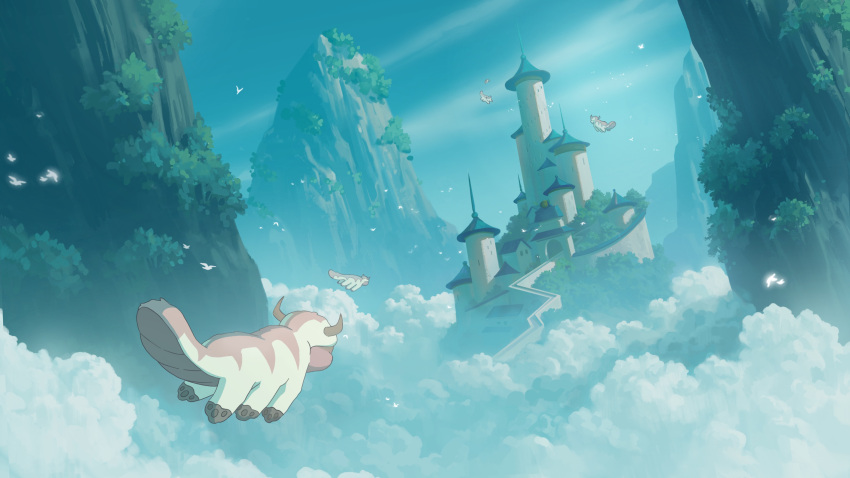 absurdres, air_temple_(avatar), animal, appa, avatar:_the_last_airbender, avatar_legends, bird, blue_sky, building, bush, castle, clouds, cloudy_sky, day, fantasy, flying, foliage, full_body, highres, horns, jellie_beam, landscape, mountain, nature, no_humans, outdoors, scenery, sky, wide_shot
