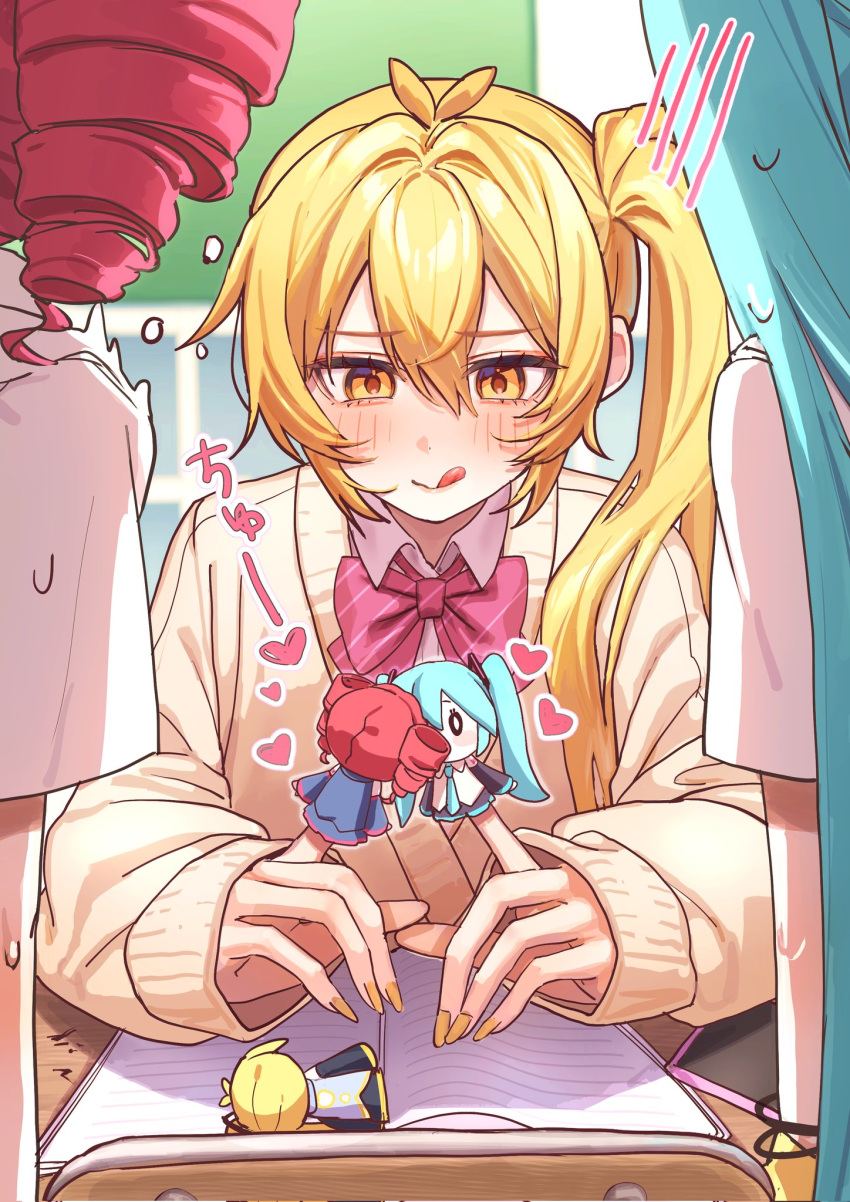 3girls, akita_neru, antenna_hair, blonde_hair, blue_hair, blush, book, bow