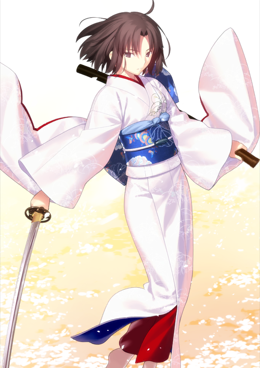 1girl, ahoge, barefoot, blue_sash, breasts, brown_eyes, brown_hair, closed_mouth