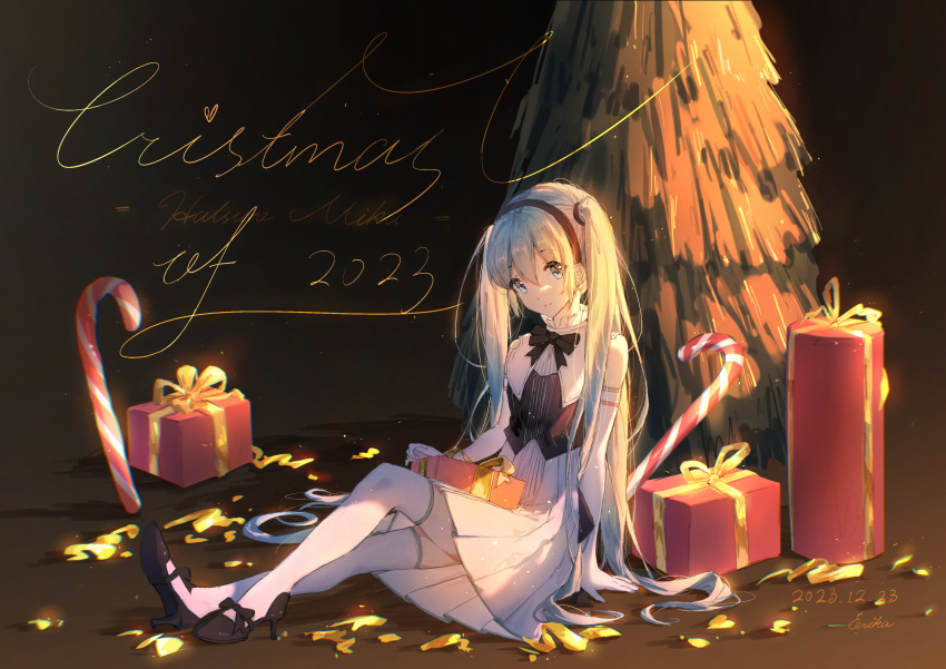 1girl, 2023, absurdres, bare_shoulders, black_background, black_bow, black_bowtie, black_hairband
