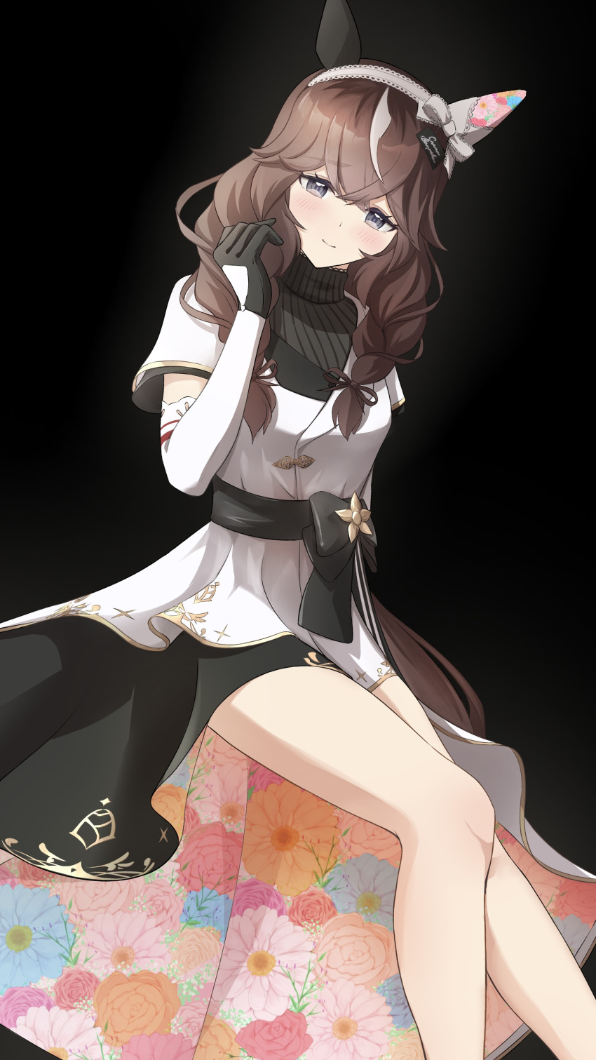 1girl, absurdres, animal_ears, black_background, blush, braid, breasts, curren_bouquetd'or_(umamusume)